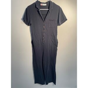 Free People Beach Gray Collared Button Front Linen Blend Cropped Jumpsuit Medium